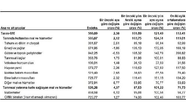 Tarımsal girdi fiyat endeksi (Tarım-GFE) yıllık %121,49, aylık %2,38 arttı